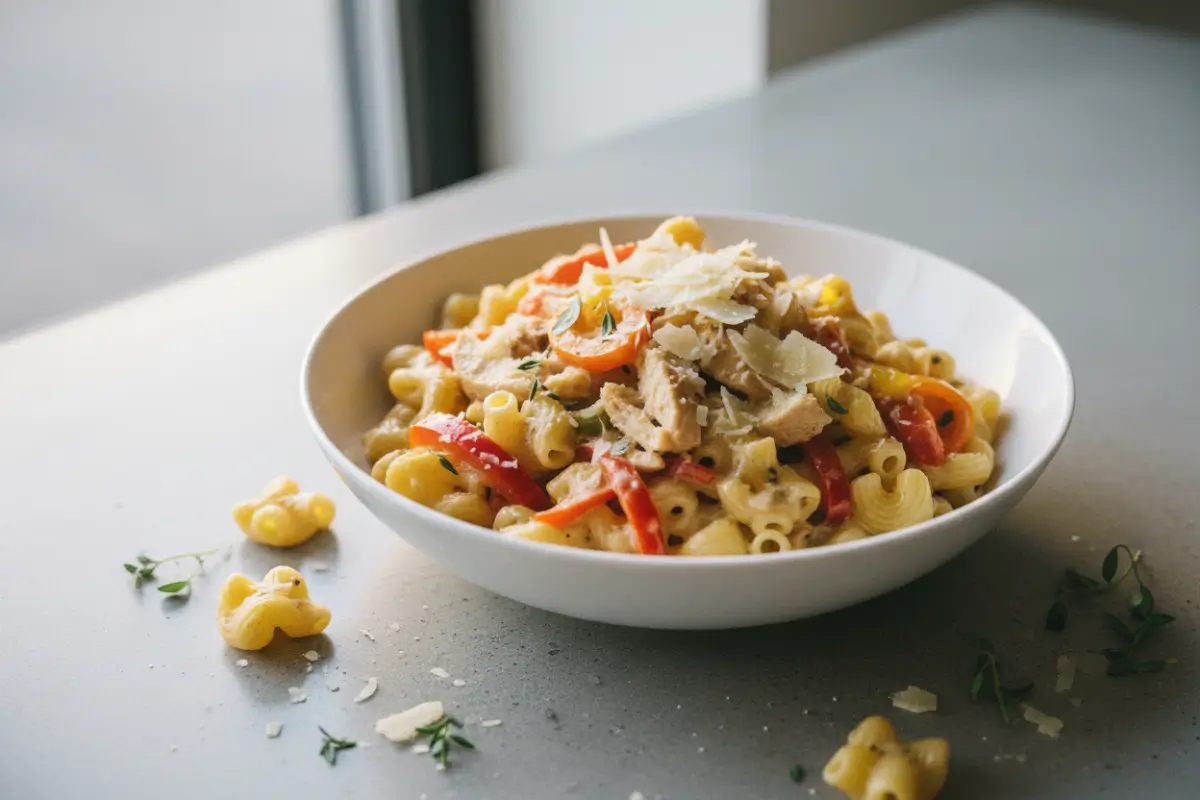 Zesty Italian Chicken Pasta in the Crockpot 2 Bowl of zesty Italian chicken pasta with vegetables and Parmesan