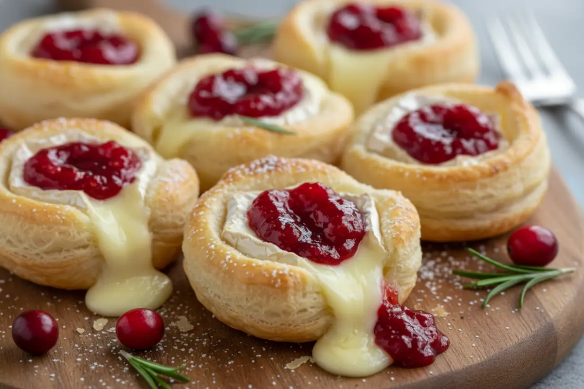 Baked Cranberry Brie Bites: Festive Holiday Appetizer 2 Baked cranberry Brie bites in golden puff pastry