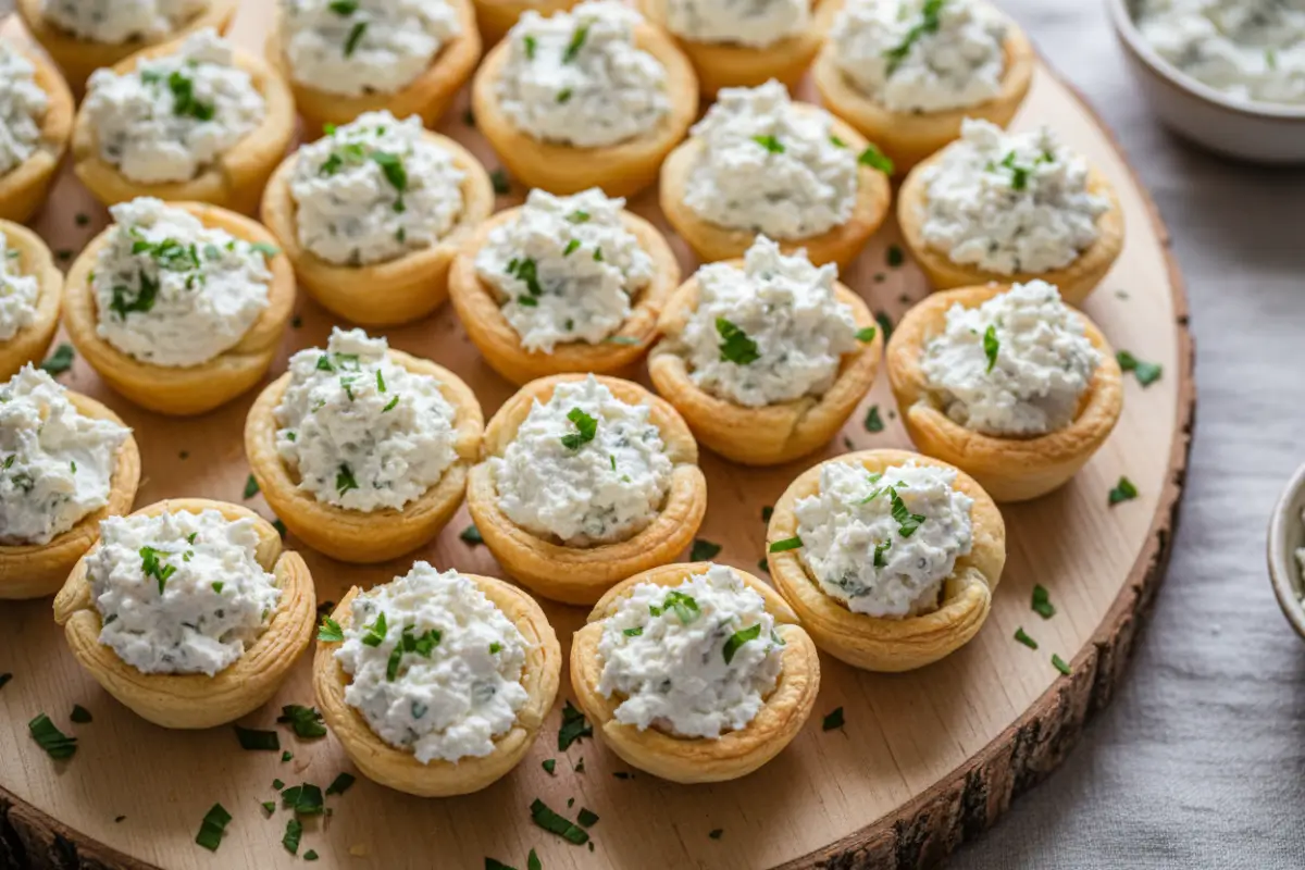 Easy Festive Christmas Appetizers for Holiday Gatherings 2 Mini phyllo cups filled with cheese and garnished with parsley