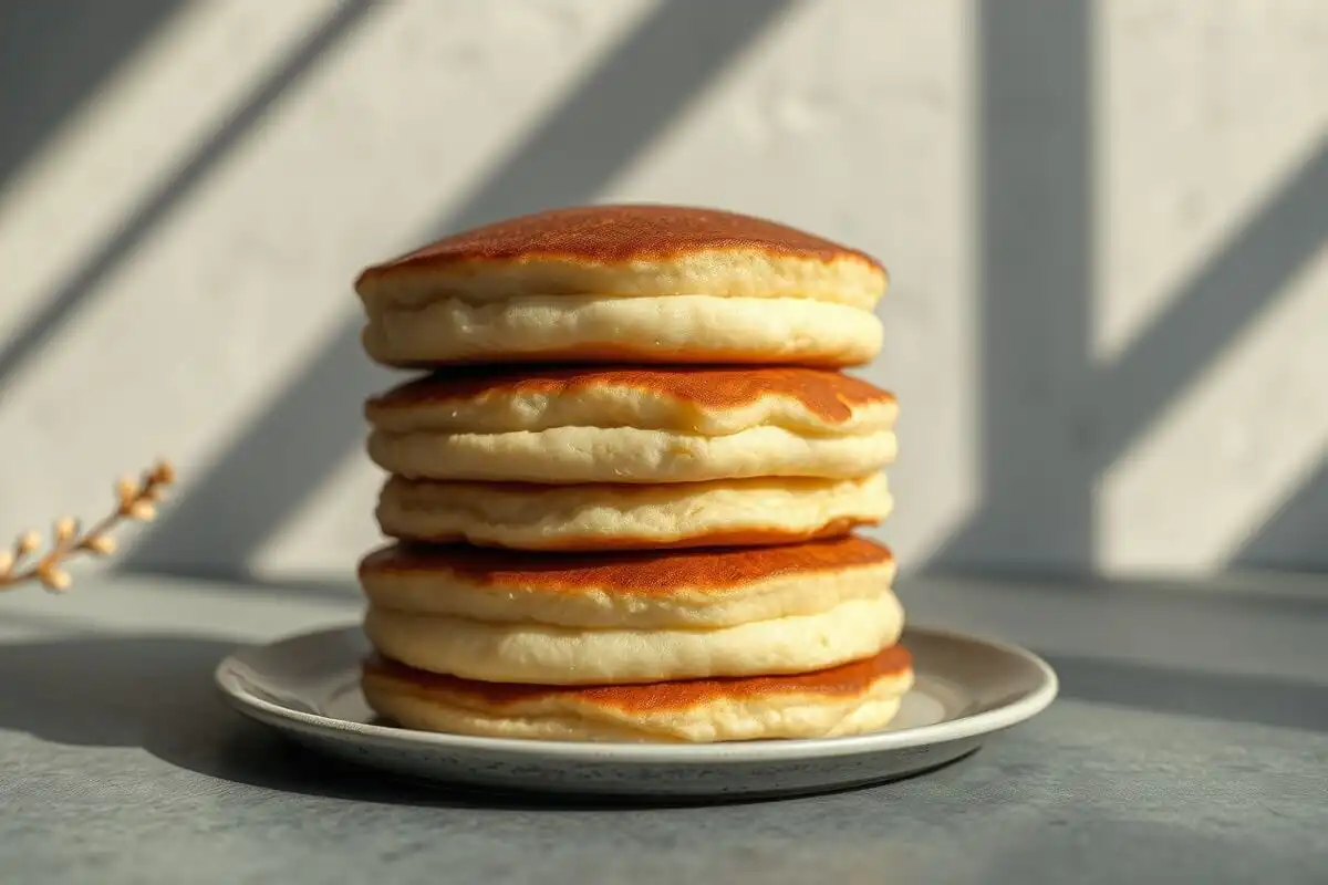 Japanese Soufflé Pancakes: Easy Puffy Pancake Recipe 2 stack of fluffy Japanese soufflé pancakes on gray background