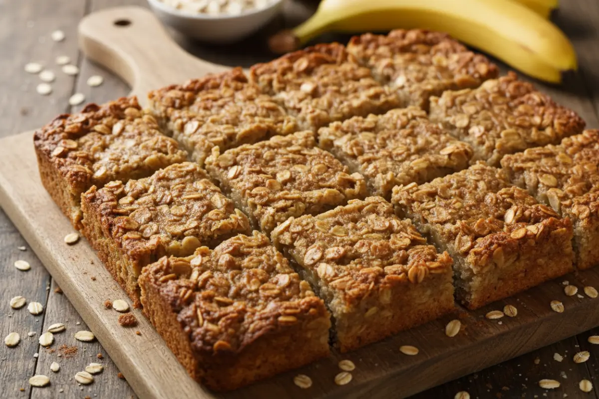 Banana Oatmeal Bars for a Healthy Breakfast or Snack 2 Top-down view of banana oatmeal bars on a baking tray