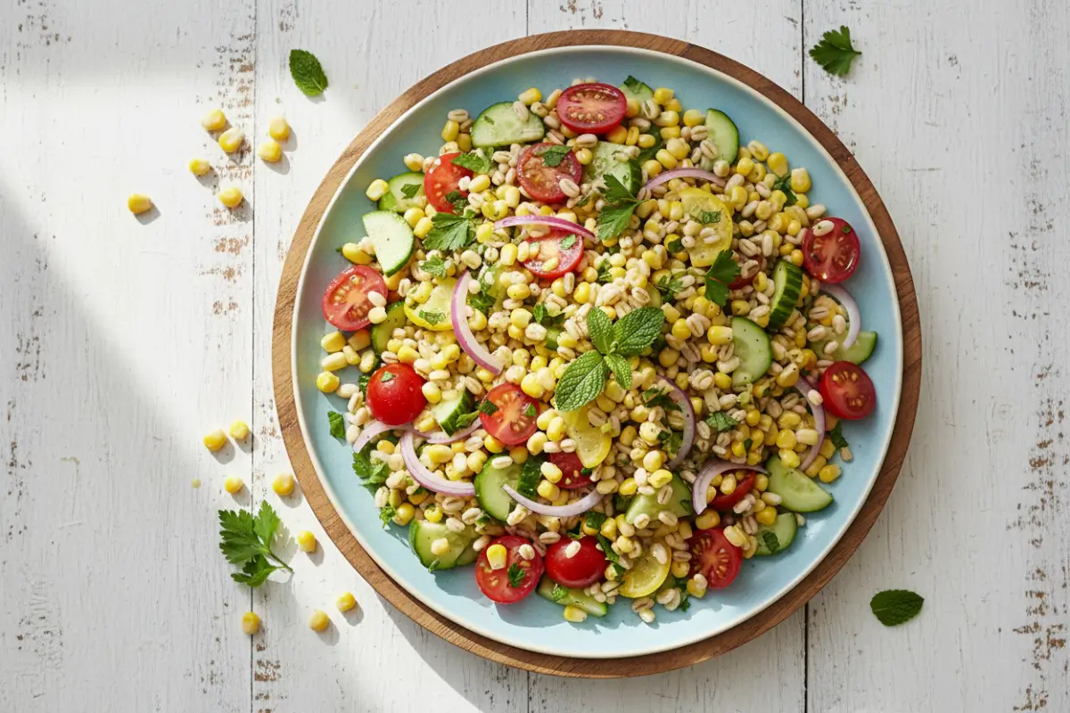 Healthy Barley Salad with Summer Vegetables (Low Calorie / High Protein) 2 Colorful barley salad with cucumbers, tomatoes, and corn