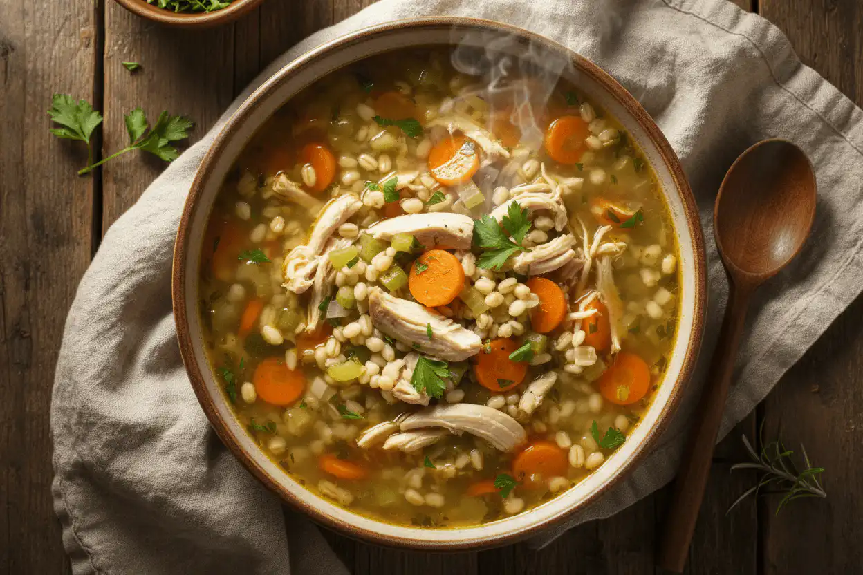 Hearty Chicken Barley Soup Recipe (5 Minute Prep) 2 Overhead shot of chicken barley soup with carrots and barley in a rustic bowl