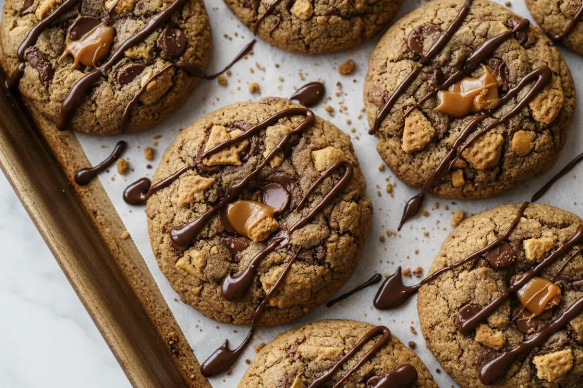 Easy Bake Christmas Cookies: The Best Twix Cookies Ever 2 Overhead view of Twix cookies with chocolate and caramel.