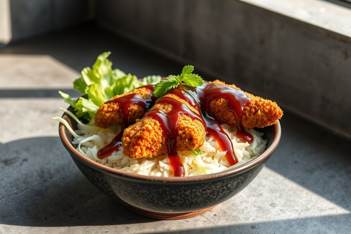 Japanese Katsu Bowls with Homemade Tonkatsu Sauce 2 Japanese Katsu Bowl with crispy chicken, rice, cabbage, and Tonkatsu sauce