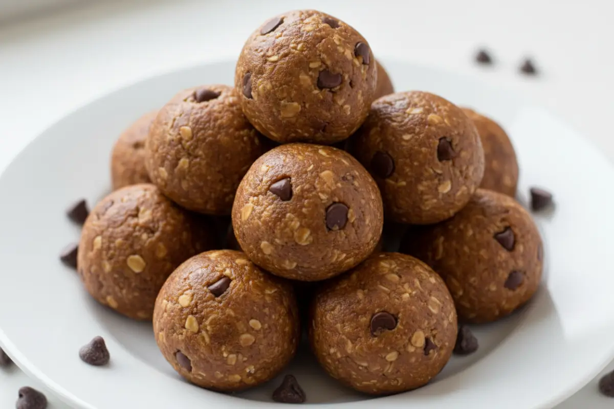 No-Bake Chocolate Peanut Butter Protein Balls 2 No-bake chocolate peanut butter protein balls on a plate