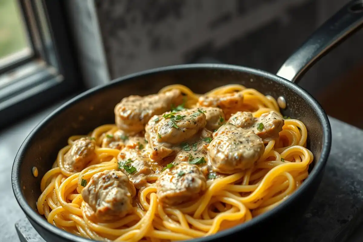 One-Pan Chicken and Buttered Noodles Dinner 2 one-pan chicken breasts with buttered egg noodles garnished with parsley
