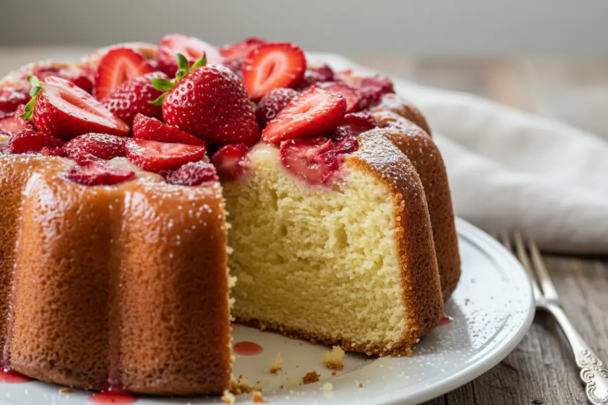 Rich & Fruity Pound Cake with Strawberries 2 Dense pound cake topped with fresh strawberries