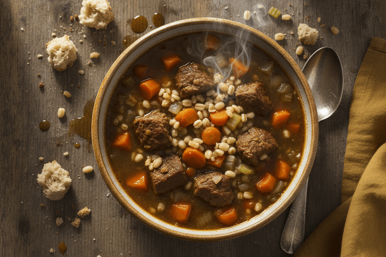Rustic Beef & Barley Soup Recipe (Secret Ingredient) 2 Rustic beef and barley soup with vegetables in a bowl, captured from above.
