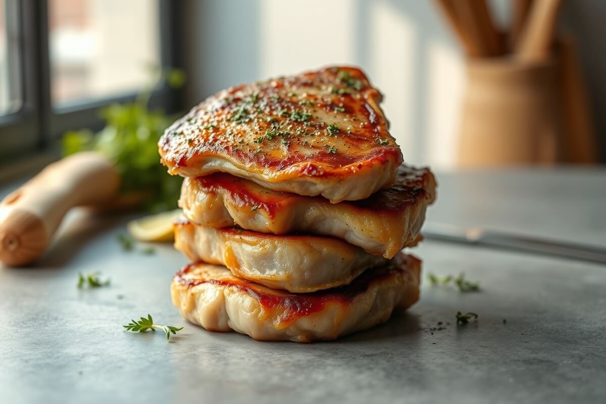 Savory Garlic Herb Pork Chops: Quick & Easy Weeknight Meal Idea 2 Juicy garlic herb pork chops cooked golden brown on gray tabletop