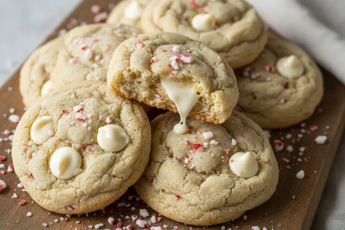 Delicious White Chocolate Peppermint Cookies for Christmas 2 Pile of white chocolate peppermint cookies with candy pieces